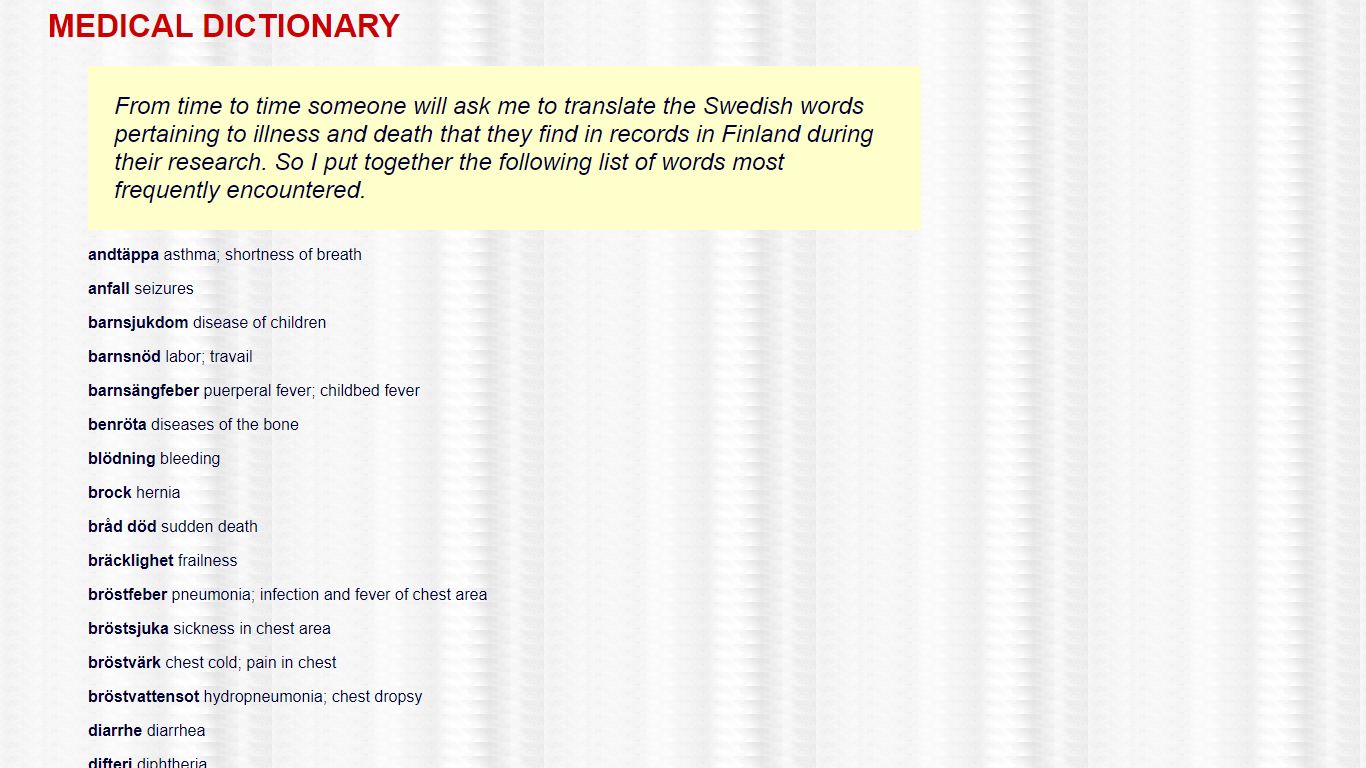 Medical Dictionary: Swedish words pertaining to illness ...